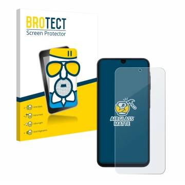 Face avant d’un emballage produit avec le logo de la marque BROTECT. À côté, l’appareil Samsung Galaxy A17 4G est représenté a