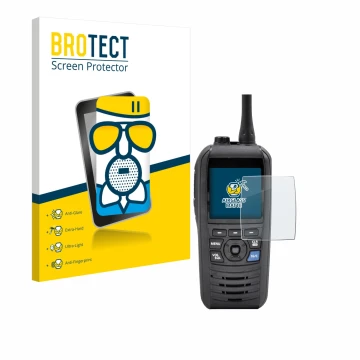 Face avant d’un emballage produit avec le logo de la marque BROTECT. À côté, l’appareil Icom IC-M94D est représenté avec la pr