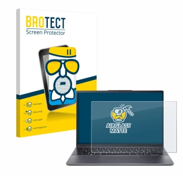 Face avant d’un emballage produit avec le logo de la marque BROTECT. À côté, l’appareil Acer Swift Go 14 OLED est représenté a