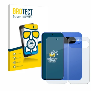 Face avant d’un emballage produit avec le logo de la marque BROTECT. À côté, l’appareil Google Pixel 10 (Avant+Arrière) est re