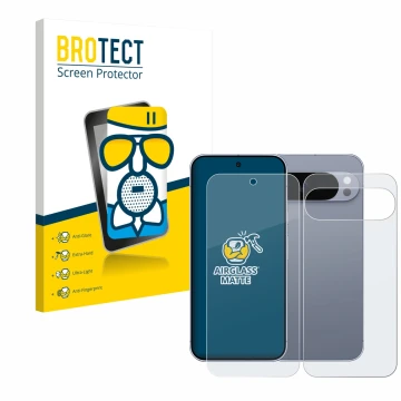 Face avant d’un emballage produit avec le logo de la marque BROTECT. À côté, l’appareil Google Pixel 10 Pro XL (Avant+Arrière)