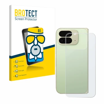 Face avant d’un emballage produit avec le logo de la marque BROTECT. À côté, l’appareil Google Pixel 10 Pro Fold (Arrière) est