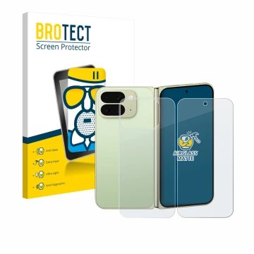 Face avant d’un emballage produit avec le logo de la marque BROTECT. À côté, l’appareil Google Pixel 10 Pro Fold (Avant+Arrièr