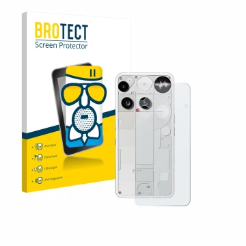 Face avant d’un emballage produit avec le logo de la marque BROTECT. À côté, l’appareil Nothing Phone (3) (Arrière) est représ