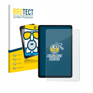 Face avant d’un emballage produit avec le logo de la marque BROTECT. À côté, l’appareil Samsung Galaxy Tab S11 (portrait) est 