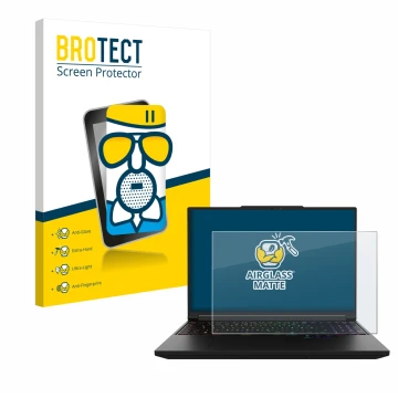 Face avant d’un emballage produit avec le logo de la marque BROTECT. À côté, l’appareil XMG Pro 16 est représenté avec la prot