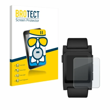 Face avant d’un emballage produit avec le logo de la marque BROTECT. À côté, l’appareil Pebble 2 Duo 2025 est représenté avec 