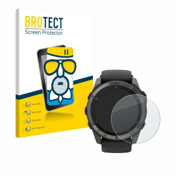 Face avant d’un emballage produit avec le logo de la marque BROTECT. À côté, l’appareil Garmin Fenix 8 Pro MicroLED (51 mm) es