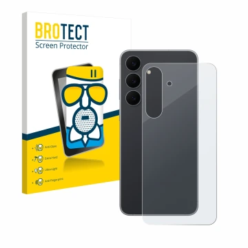 Face avant d’un emballage produit avec le logo de la marque BROTECT. À côté, l’appareil Samsung Galaxy S25 FE (Arrière) est re