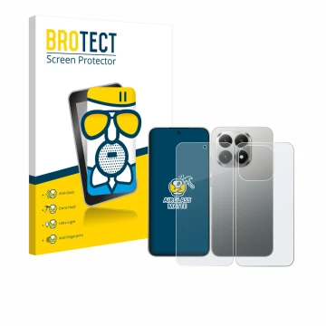 Face avant d’un emballage produit avec le logo de la marque BROTECT. À côté, l’appareil Xiaomi 15T (Avant+Arrière) est représe