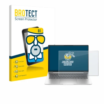 Face avant d’un emballage produit avec le logo de la marque BROTECT. À côté, l’appareil HP EliteBook 655 G11 est représenté av