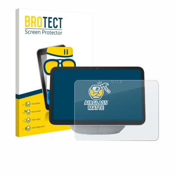 Face avant d’un emballage produit avec le logo de la marque BROTECT. À côté, l’appareil Amazon Echo Show 11 2025 est représent