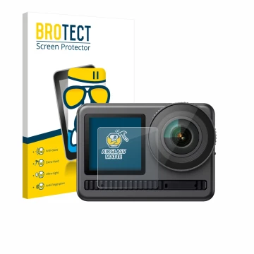 Face avant d’un emballage produit avec le logo de la marque BROTECT. À côté, l’appareil Akaso Brave 8 (Affichage avant) est re