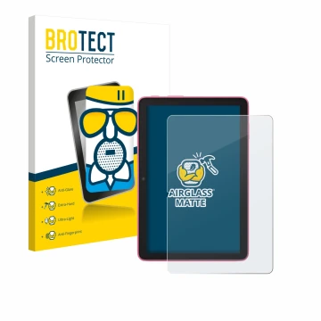 Face avant d’un emballage produit avec le logo de la marque BROTECT. À côté, l’appareil Amazon Fire HD 8 2024 est représenté a