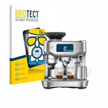 Face avant d’un emballage produit avec le logo de la marque BROTECT. À côté, l’appareil Sage the Oracle Dual Boiler est représ