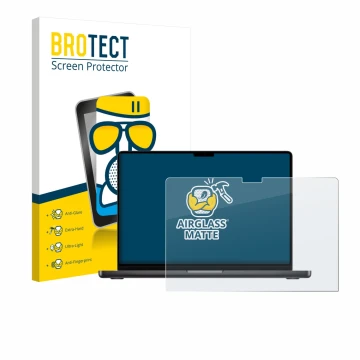 Face avant d’un emballage produit avec le logo de la marque BROTECT. À côté, l’appareil Apple MacBook Pro 14