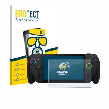 Face avant d’un emballage produit avec le logo de la marque BROTECT. À côté, l’appareil ASUS ROG Xbox Ally X est représenté av