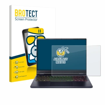 Face avant d’un emballage produit avec le logo de la marque BROTECT. À côté, l’appareil Acer Predator Helios Neo 14 AI est rep