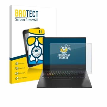 Face avant d’un emballage produit avec le logo de la marque BROTECT. À côté, l’appareil HP Omen Transcend 16-u1000nl est repré