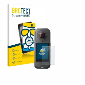 Face avant d’un emballage produit avec le logo de la marque BROTECT. À côté, l’appareil Insta360 X4 Air est représenté avec la