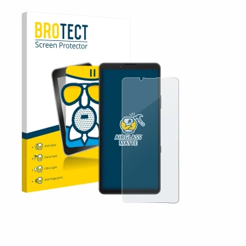 Face avant d’un emballage produit avec le logo de la marque BROTECT. À côté, l’appareil Sony Xperia 10 VII (case-friendly) est