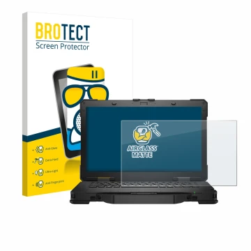 Face avant d’un emballage produit avec le logo de la marque BROTECT. À côté, l’appareil Dell Pro Rugged 14 Laptop est représen