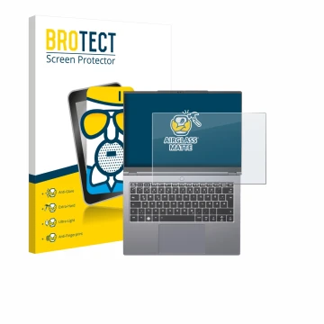 Face avant d’un emballage produit avec le logo de la marque BROTECT. À côté, l’appareil Tuxedo InfinityBook Pro 14 Gen 10 est 