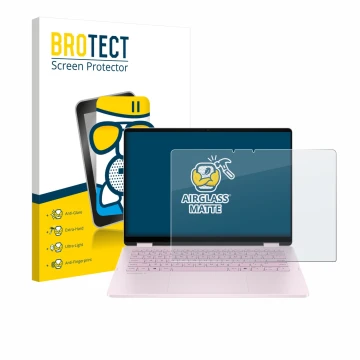 Face avant d’un emballage produit avec le logo de la marque BROTECT. À côté, l’appareil HP OmniBook 5 Flip 14 14-fp0153ng est 