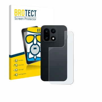 Face avant d’un emballage produit avec le logo de la marque BROTECT. À côté, l’appareil OnePlus 15 (Arrière) est représenté av