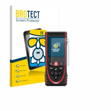 Face avant d’un emballage produit avec le logo de la marque BROTECT. À côté, l’appareil Leica DISTO X3 est représenté avec la 