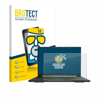 Face avant d’un emballage produit avec le logo de la marque BROTECT. À côté, l’appareil Gigabyte AERO X16 2025 est représenté 