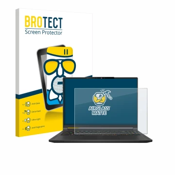 Face avant d’un emballage produit avec le logo de la marque BROTECT. À côté, l’appareil MSI Stealth A16 AI+ est représenté ave