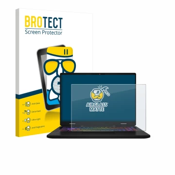 Face avant d’un emballage produit avec le logo de la marque BROTECT. À côté, l’appareil MSI Vector 16 HX AI est représenté ave