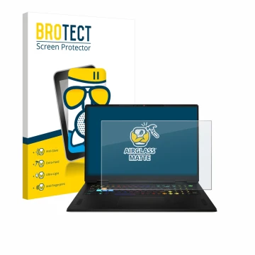 Face avant d’un emballage produit avec le logo de la marque BROTECT. À côté, l’appareil MSI Vector A18 HX 2025 est représenté 