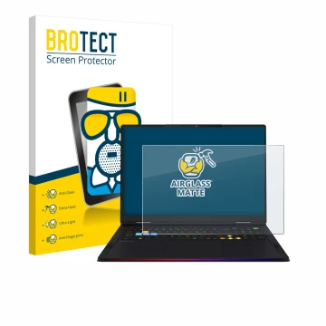 Face avant d’un emballage produit avec le logo de la marque BROTECT. À côté, l’appareil MSI Raider 18 HX AI 2025 est représent