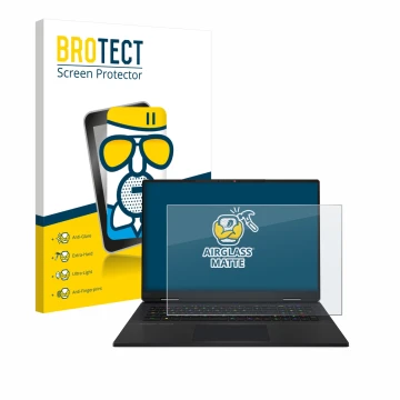 Face avant d’un emballage produit avec le logo de la marque BROTECT. À côté, l’appareil MSI Titan 18 HX AI 2025 est représenté