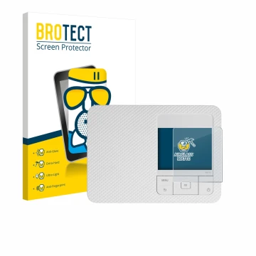 Face avant d’un emballage produit avec le logo de la marque BROTECT. À côté, l’appareil Canon Selphy CP1500 Mini est représent