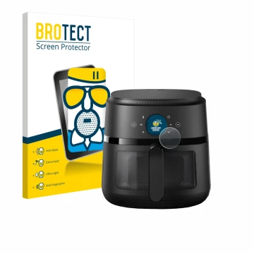 Face avant d’un emballage produit avec le logo de la marque BROTECT. À côté, l’appareil Philips Airfryer 2000 Gen 2 6,2L est r
