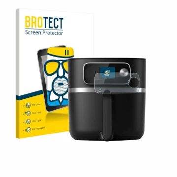 Face avant d’un emballage produit avec le logo de la marque BROTECT. À côté, l’appareil Philips Airfryer HD9880/90 est représe