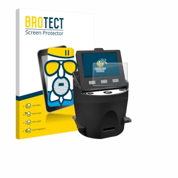 Face avant d’un emballage produit avec le logo de la marque BROTECT. À côté, l’appareil Kodak SCANZA est représenté avec la pr