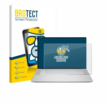 Face avant d’un emballage produit avec le logo de la marque BROTECT. À côté, l’appareil Dell 16 Premium Laptop est représenté 
