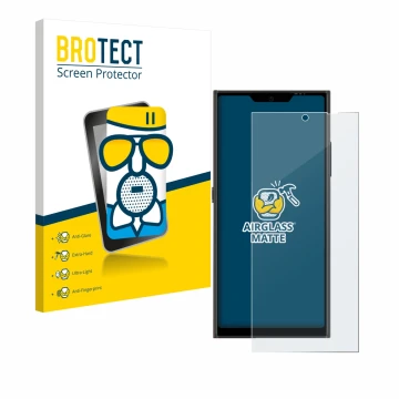 Face avant d’un emballage produit avec le logo de la marque BROTECT. À côté, l’appareil Jolla Phone est représenté avec la pro