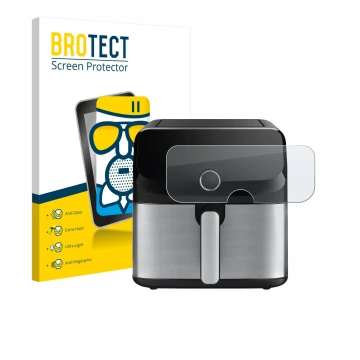 Face avant d’un emballage produit avec le logo de la marque BROTECT. À côté, l’appareil Tefal Easy Fry Mega est représenté ave