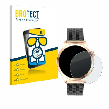 Face avant d’un emballage produit avec le logo de la marque BROTECT. À côté, l’appareil Niolina Smartwatch 1.27
