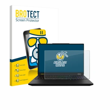 Face avant d’un emballage produit avec le logo de la marque BROTECT. À côté, l’appareil XMG Apex 16 Max est représenté avec la