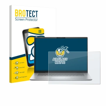 Face avant d’un emballage produit avec le logo de la marque BROTECT. À côté, l’appareil Dell Inspiron 16 Plus 7630 est représe