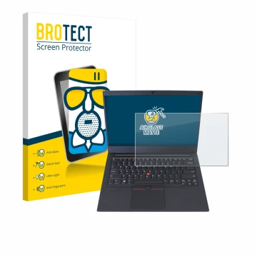 Face avant d’un emballage produit avec le logo de la marque BROTECT. À côté, l’appareil Lenovo ThinkPad E14 Gen 1 est représen