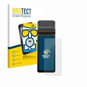 Face avant d’un emballage produit avec le logo de la marque BROTECT. À côté, l’appareil Sunmi V3 A13 est représenté avec la pr