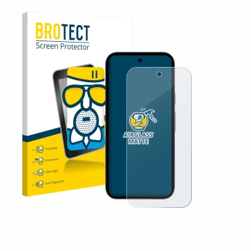 Face avant d’un emballage produit avec le logo de la marque BROTECT. À côté, l’appareil Google Pixel 10a est représenté avec l