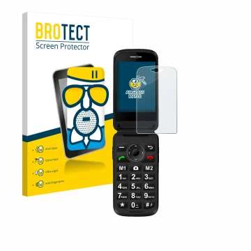 Face avant d’un emballage produit avec le logo de la marque BROTECT. À côté, l’appareil Simvalley Mobile XL-970 est représenté